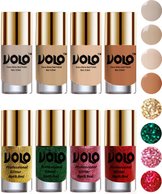 

Volo Long Lasting Glitter and HD Shine Nail Polish Combo Sets Golden Glitter, Dark Green Glitter, Pink Glitter, Red Glitter, Nude Tude(Pack of 8)