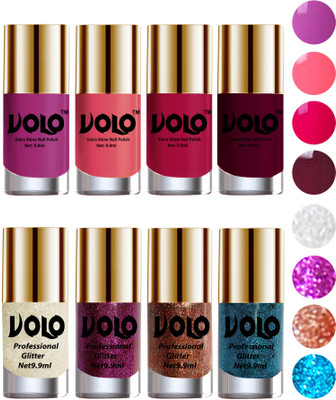 

Volo Long Lasting Glitter and HD Shine Nail Polish Combo Sets White Nail art And Glitter, Purple Glitter, Peach Glitter, Sky Blue Glitter, Bright Plum, Pink Mania, Moon Magenta, Wine(Pack of 8)