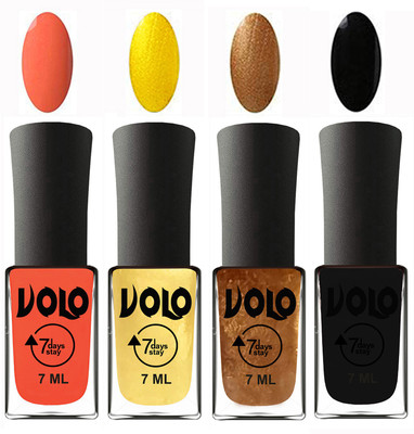 

Volo Ultra Lasting HD Shine Awesome Nail Polish Combo Neon Orange, Metallic Light Golden, Metallic Dark Golden, Black(Pack of 4)