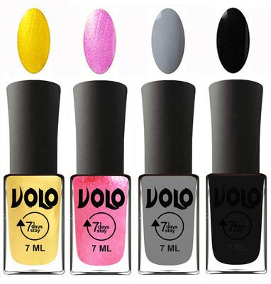 

Volo Ultra Lasting HD Shine Awesome Nail Polish Combo Metallic Light Golden, Metallic Pink, Light Grey, Black(Pack of 4)