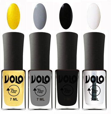 

Volo Ultra Lasting HD Shine Awesome Nail Polish Combo Metallic Light Golden, Light Grey, Black, Top Coat(Pack of 4)