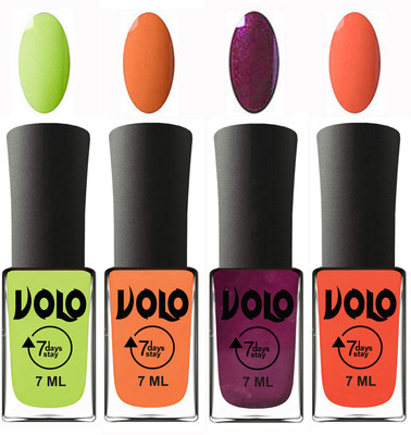 

Volo Ultra Lasting HD Shine Awesome Nail Polish Combo Parrot Green, Peach, Wine, Neon Orange(Pack of 4)