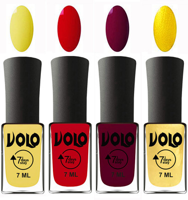 

Volo Ultra Lasting HD Shine Awesome Nail Polish Combo Yellow, Blood Red, Wine Maroon, Metallic Light Golden(Pack of 4)