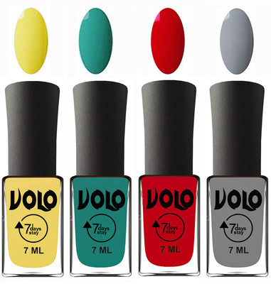 

Volo Ultra Lasting HD Shine Awesome Nail Polish Combo Yellow, Radium Green, Blood Red, Light Grey(Pack of 4)