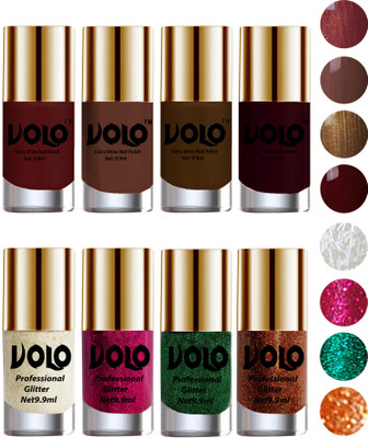 

Volo Long Lasting Glitter and HD Shine Nail Polish Combo Sets White Nail art And Glitter, Magenta Glitter, Dark Green Glitter, Light Orange Glitter, Metallic Maroon, Chocolate Brown, Brown Coffee, Maroon(Pack of 8)