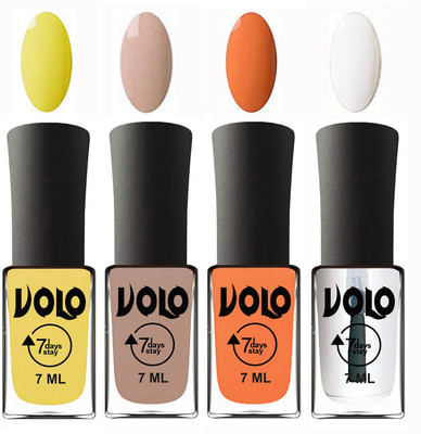 

Volo Ultra Lasting HD Shine Awesome Nail Polish Combo Yellow, Light Nude, Peach, Top Coat(Pack of 4)