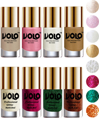 

Volo Long Lasting Glitter and HD Shine Nail Polish Combo Sets White Nail art And Glitter, Magenta Glitter, Dark Green Glitter, Light Orange Glitter, Chrome Rust, Metallic Pink, Pearly White Chrome, Golden(Pack of 8)