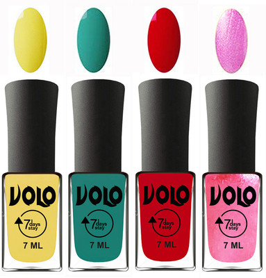

Volo Ultra Lasting HD Shine Awesome Nail Polish Combo Yellow, Radium Green, Blood Red, Metallic Pink(Pack of 4)