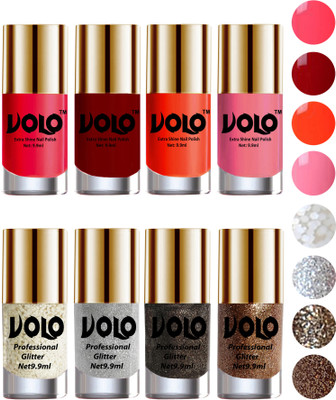 

Volo Long Lasting Glitter and HD Shine Nail Polish Combo Sets White Nail art And Glitter, Silver Glitter, Dark Grey Glitter, Light Golden Glitter, Carrot Red, Red, Coral, Light Pink(Pack of 8)