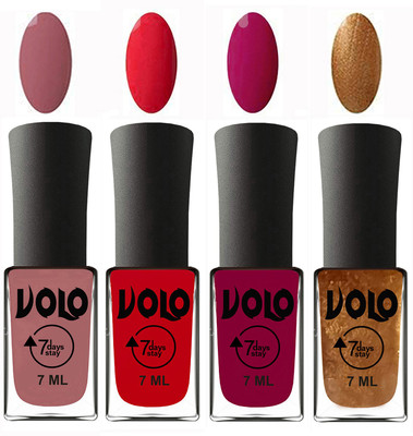 

Volo Ultra Lasting HD Shine Awesome Nail Polish Combo Chocolate Peach, Redish Orange, Magnta, Metallic Dark Golden(Pack of 4)