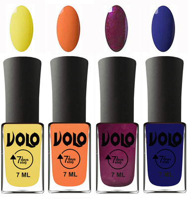 Volo Ultra Lasting HD Shine Awesome Nail Polish Combo Yellow, Peach, Wine, Navy Blue(Pack of 4)