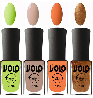 

Volo Ultra Lasting HD Shine Awesome Nail Polish Combo Parrot Green, Light Nude, Peach, Metallic Dark Golden(Pack of 4)