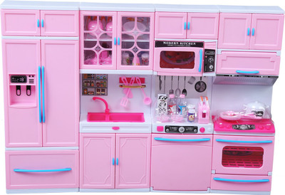 

VHPQ Pink Kitchen Toy Set, Battery Operated Play Set with Refrigerator, Accessories, Fruits, Music and Lights, Pretend Play Toy-1108