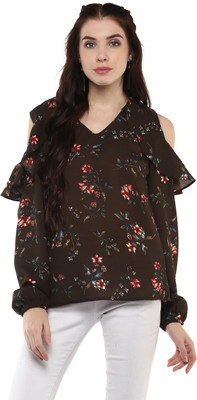 HARPA Casual Full Sleeve Floral Print Women Brown Top