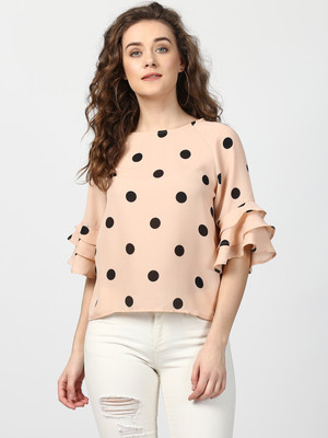 HARPA Casual Layered Sleeve Printed, Polka Print Women Beige Top