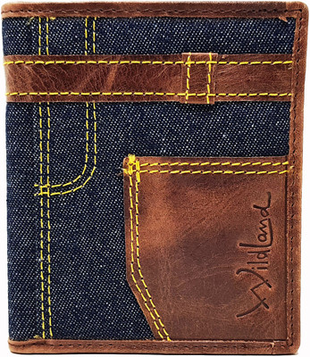 

Wildland Men Casual Multicolor Denim, Genuine Leather Wallet(12 Card Slots), Brown