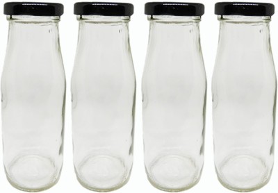GIFTBASHINDIA Glass Bottle @200ml for Milk Water and Juice with Air Tight Black Metal Cap Set of 4 Bottle(Pack of 4, White, Glass)