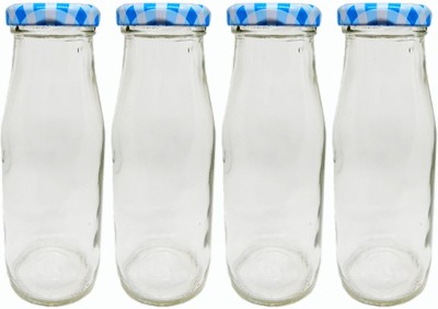 GIFTBASHINDIA Glass Bottle @200ml for Milk Water and Juice with Air Tight Blue & White Checked Metal Cap Set of 4 Bottle(Pack of 4, White, Glass)