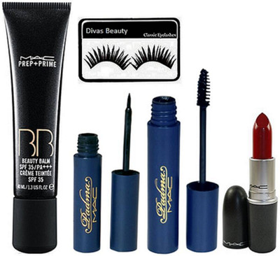 

divas beauty Eyelashes, Mac Prep-Prime B B Cream Founation, Padma Eyeliner & Mascara, Red Lipstick(Set of 5)