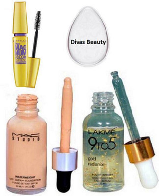 

divas beauty Silicon Puff&New York The Magnum Mascara Mac Studio Waterweight Foundation and 9to5 Gold radiance serum(Set of 4)