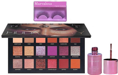 

Marvalous Eyelashes, Huda Beauty Desert Dusk Eyelashadow Palette, Lakme Nail Polish(Set of 3)