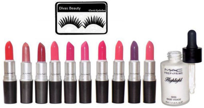 

divas beauty Eyelashes&Mac Matte Pack of 10 Big Combo Lipstick,Highlight Skin Base(Set of 12)