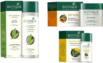 

BIOTIQUE BIO Bio Morning Nectar Flawless Skin Lotion For All Skin Types, Bio Papaya Revitalizing Tan Removal Scrub, Bio Dandelion Ageless Lightening Serum(Set of 3)