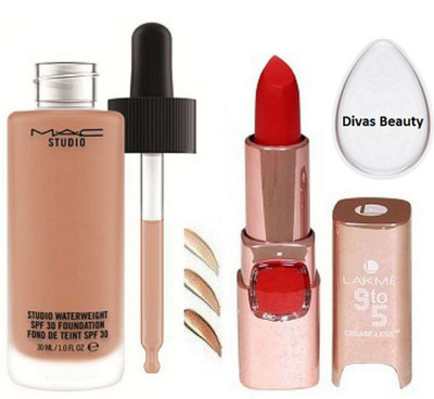 

divas beauty Silicon Puff& Mac Studio Waterweight Foundation With 9 to 5 Crease Less Lipstick(Set of 3)
