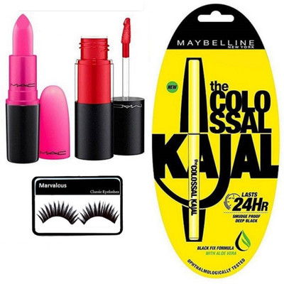 

Marvalous eyelashes , colossal kajal , mac matte finish lip gloss with matte finish long lasting lipstick(Set of 4)