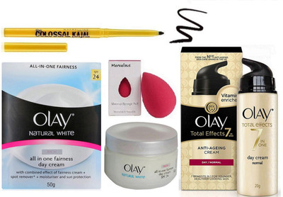 

Marvalous sponge puff & Olay natural white rich all in one fairness day cream &Olay-Total-Effects-7-in-1-Anti-Aging-Skin-Day-Cream-Norma-20-gm & Colossal Kajal(Set of 4)