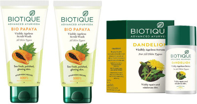 

BIOTIQUE BIO PAPAYA EXFOLIATING FACE WASH FOR ALL SKIN TYPES, DANDELION AGELESS LIGHTENING SERUM(Set of 3)