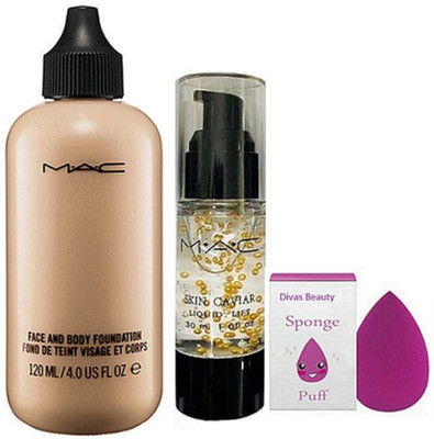 

divas beauty sponge puff & mac face and body foundation & mac pure radiance Glowrizer Face Primer Gel(Set of 3)