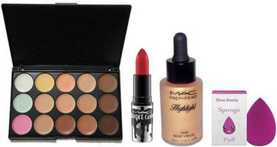 

divas beauty Sponge Puff With Mac 15 Shades Concealer Palette & Mac Prep+Prime Face Highlighter,Brooke Candy Lipstick,(Set of 4)