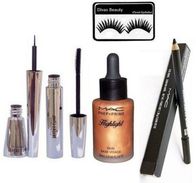 

divas beauty Eyelashes&Mac Broke Candy Eyeliner & Mascara with prep+ prime highlight , pencil kajal(Set of 5)