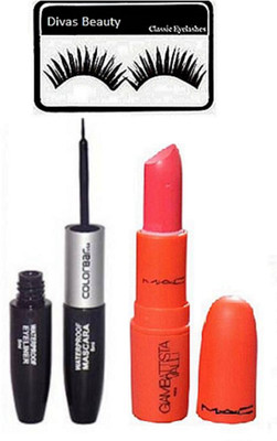 

divas beauty Eyelashes & Mac Giambattista valli Matte Finish Lipstick,Colorbar Waterproof Longlasting Mascara & eyeliner(Set of 3)