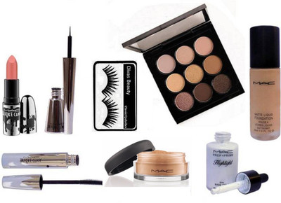

divas beauty Eyelashes & mac Eye shadow X 9 palette, Mac matte liquid foundation,Mac Loose Powder , Mac Prep+Prime skin base visage Highlighter, Brooke candy eyeliner ,mascara & lipstick(Set of 8)