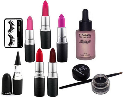 

divas beauty Eyelashes & mac Stick Kajal & mac matte finish Lipstick (Set Of 5) & Gel Long Lasting Eyeliner & macPrep+Prime Skin Base Visage Highlighter(Set of 9)