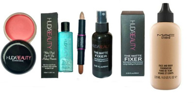

Huda Beauty COMBO OF MATTE MAKEUP FIXER,2 IN 1 STICK CONCEALER, BLUSHER CREAM WITH MAC FOUNDATION & MAKEUP REMOVER(Set of 5)