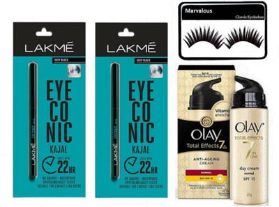 

Marvalous Eyelashes, Lakme Eyeconic Kajal Set of 2 and Olay Total Effect 7 in one Day Cream(Set of 4)