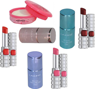 

Marvalous nail remover , loreal riche by shine long lasting lipstick (set of 3) with lakme mirror nail polish (set of 3)(Set of 7)