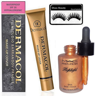 

divas beauty Eyelashes & Dermacol Make Up Cover Cream Foundation, Prep-Prime Skin Base Highlight Of Mac(Set of 3)