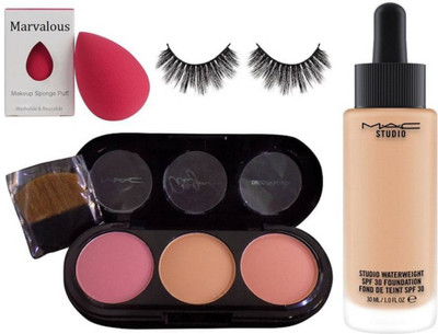 

Marvalous Sponge Puff, Eyelashes, Mac 3 shade Blusher, Studio Waterweight Foundation(Set of 4)