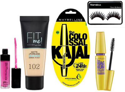 

Marvalous eyelashes , fit me matte +poreless foundation , pink lip gloss , colossal kajal with the magnum mascara(Set of 5)
