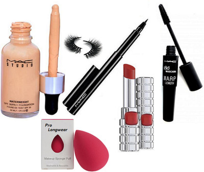 

Pro longwear combo Of Sponge Puff,Studio Waterweight SPF 30 Foundation With Eyeliner & 180 Wrap Mascara +Eyelashes & L'oreal Long Lasting Lipstick(Set of 6)
