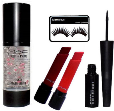 

Marvalous Eyelashes, Mac Prep+Prime Skin Base Visage Primer, matte finish Lipstick ( Pack Of 2), Liquid Last Eyeliner(Set of 5)