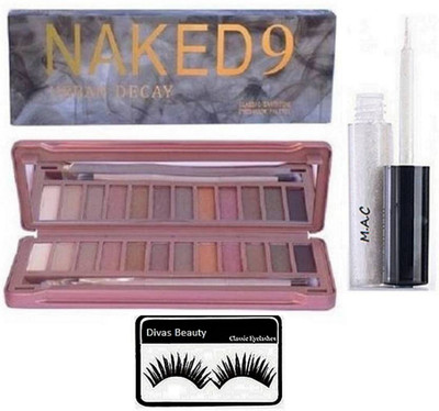 

divas beauty Eyelashes & naked9 Eyeshadow 12 Shades Palette,Mac Liquid Eyeliner Crystal Sparkle Glitter Waterproof(Set of 3)