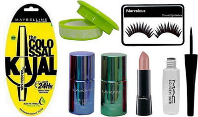 

Marvalous Eyelashes, Maybelline The Cold Ssal Kajal, Lakme Mirror Nail polish Set of 2, Mac Retro Matte Lipstick, Brook Candy Eyeliner, Nail Polish Remover(Set of 7)