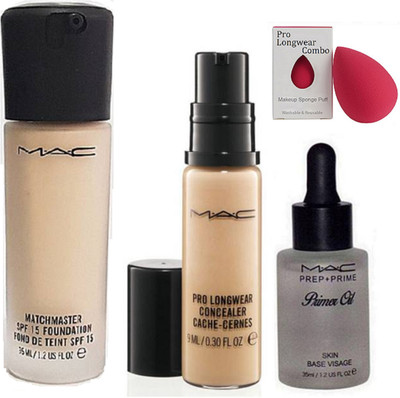 

Pro longwear combo sponge puff ,matchmaster spf 15 foundation found de teint with prep+prime skin base visage primer oil & pro longwear concealer(Set of 4)