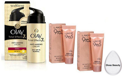 

divas beauty Silicon Puff & Olay total effect 7 In One Total Effects Anti -Ageing 20gm With 9to5 Mousse Foundation Moisturizer Set Of 2(Set of 4)