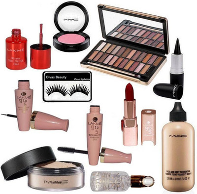 

divas beauty Eyelashes, 4 Double Shade Eyeshadow Palette, Lakme 9 To 5 Eyeliner & Mascara, Matte Finish Lipstick, Black Stick Kajal, Face And Body Foundation, Radiance Primer, Loose Powder Compact, Lakme Waterproof Red Color Mirror Nail Polish & One Shade